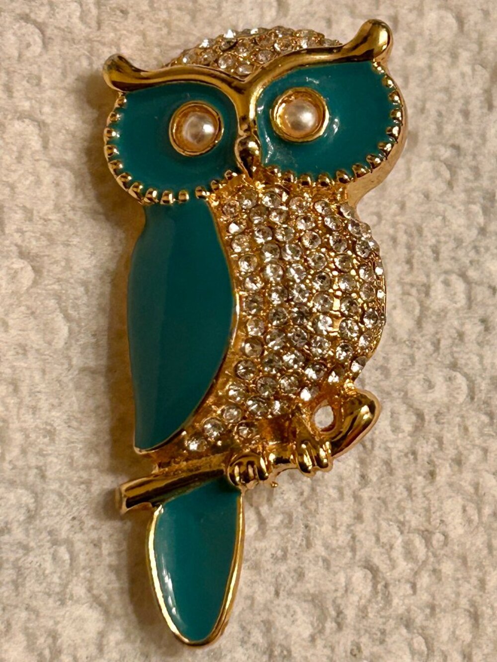 Vintage Talbots Gold Tone Enamel and Rhinestone Owl Brooch Pin Signed